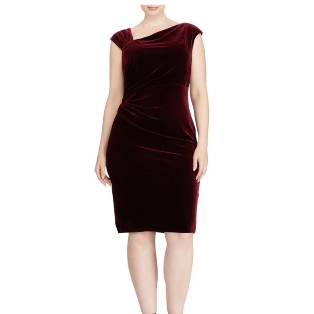 Lauren Ralph Lauren Stretch Velvet Sheath Dress 12P Burgundy Ruched NWT $135